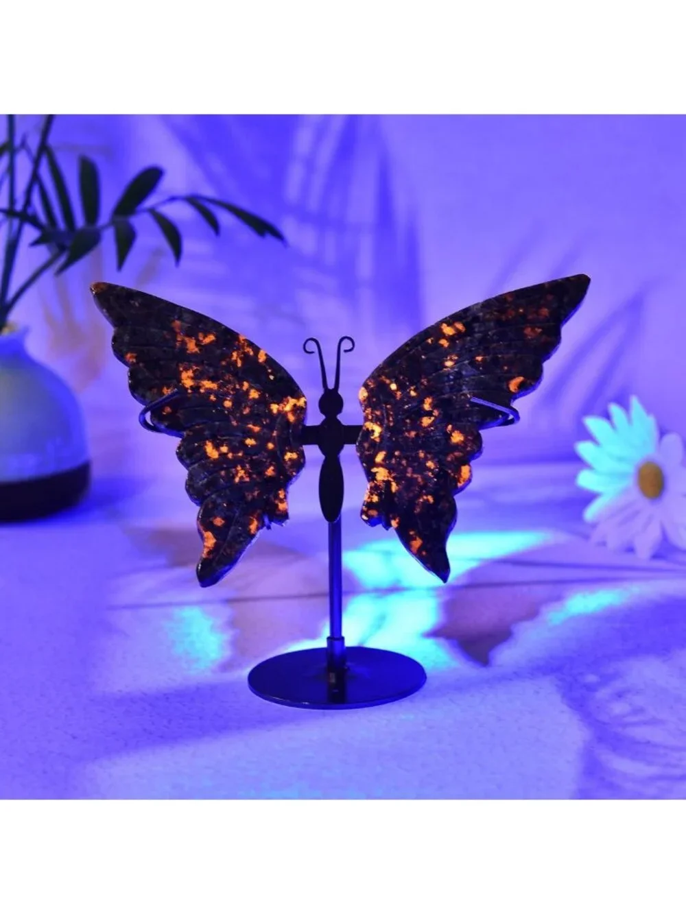 Natural Flame Yooperlite Butterfly Art | Healing Crystal Slices & Silver Stand